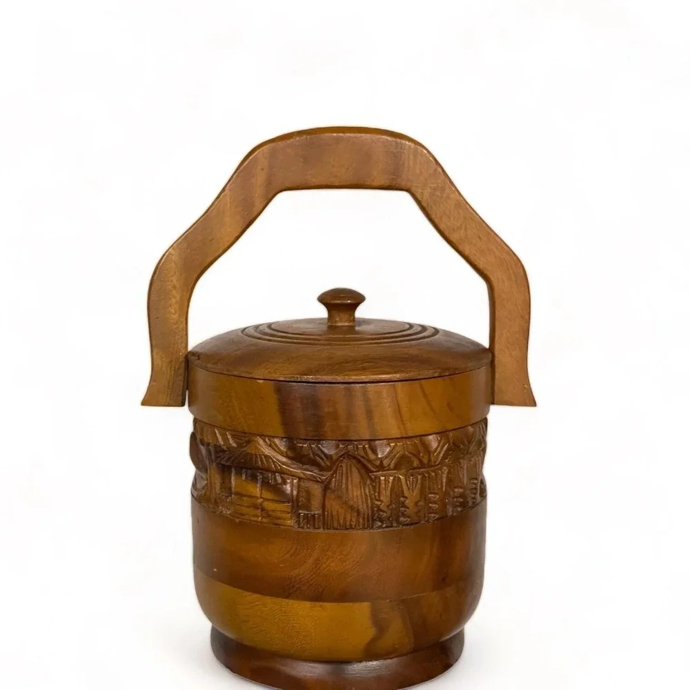 Hand Carved Wooden Tiki Bar Ice Bucket, Mid Century Barware, Polynesian Decor
